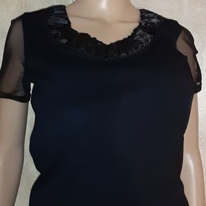 ALBERTO MAKAI Designer Top Sheer Sleeves Shirred Satin Neckline BLACK Size M